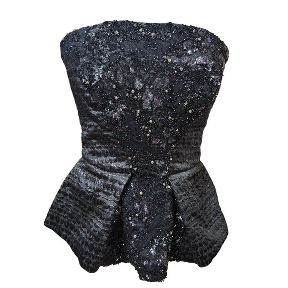 Monique Lhuillier Tops - Monique Lhuillier Womens 6 Black Strapless Peplum Top Beaded Textured Zip USA
